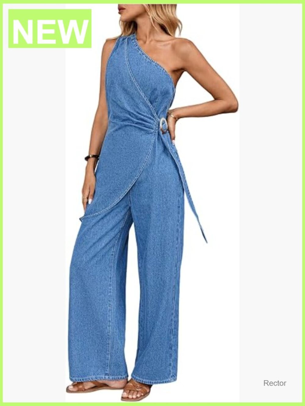 Denim One-Shoulder Wide-Leg Jumpsuit - Blue